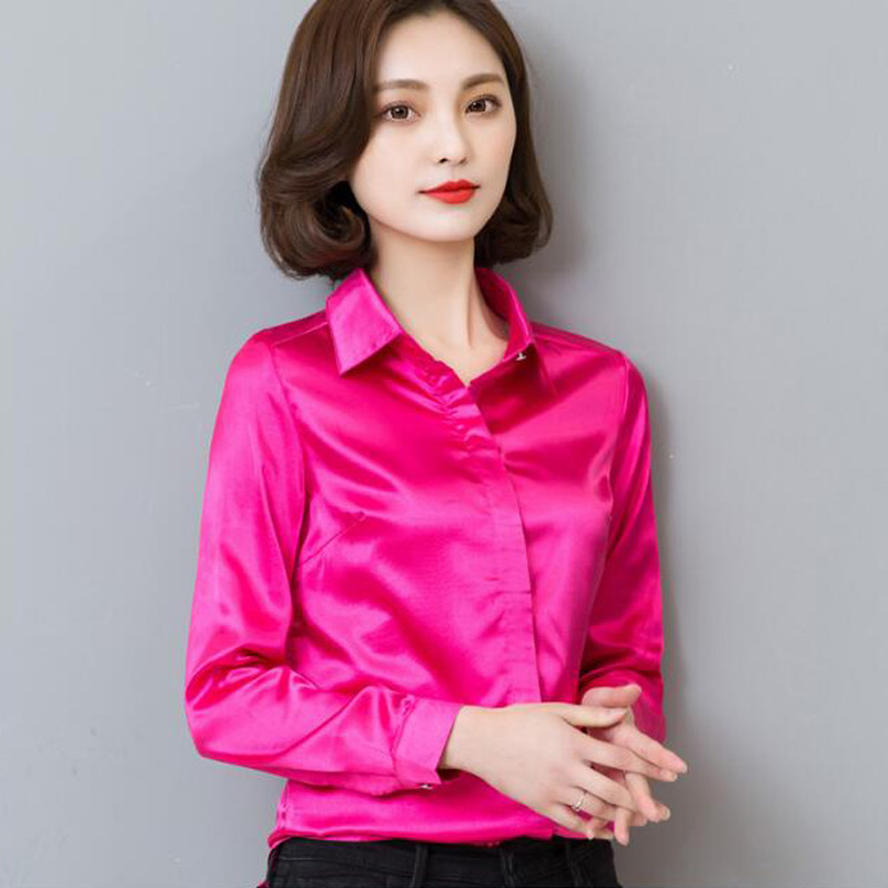 Nauji povo mėlyni atlasiniai marškiniai moteriški ilgomis rankovėmis šilkinės palaidinės Moteriškos darbo aprangos vienodi biuro marškiniai Paprasti palaidinės viršūnės S-3XL