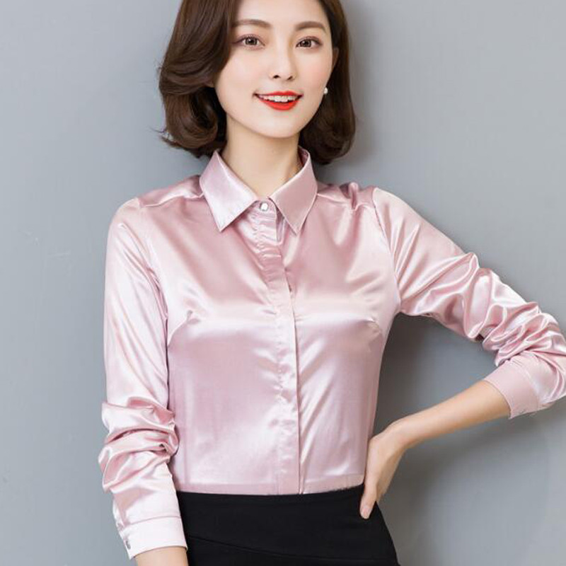 Nauji povo mėlyni atlasiniai marškiniai moteriški ilgomis rankovėmis šilkinės palaidinės Moteriškos darbo aprangos vienodi biuro marškiniai Paprasti palaidinės viršūnės S-3XL