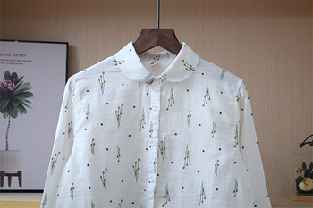 Дамска блуза в литературен стил в японски стил Двойна памучна прежда Риза с дълъг ръкав с яка на Питър Пан Свободни ежедневни бели ризи