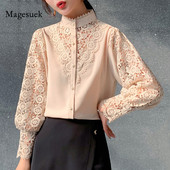 Nouă Cămașă din dantelă croșetată cu patchwork la modă de primăvară, cu mâneci lungi, cu buton, de sus cu guler, bluză din dantelă pentru femei Blusa 13324