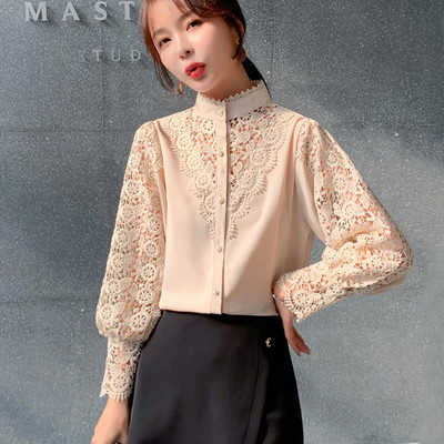 Nouă Cămașă din dantelă croșetată cu patchwork la modă de primăvară, cu mâneci lungi, cu buton, de sus cu guler, bluză din dantelă pentru femei Blusa 13324
