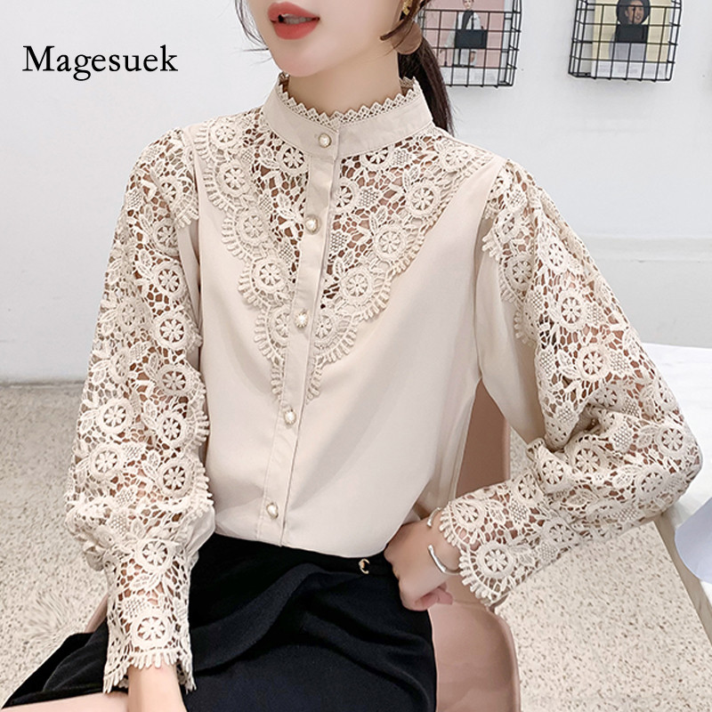 Nauji nerti tuščiaviduriai nėriniuoti marškiniai pavasario mados ilgomis rankovėmis su mygtuku viršuje stovi apykakle nėriniuota palaidinė, moteriška Blusa 13324