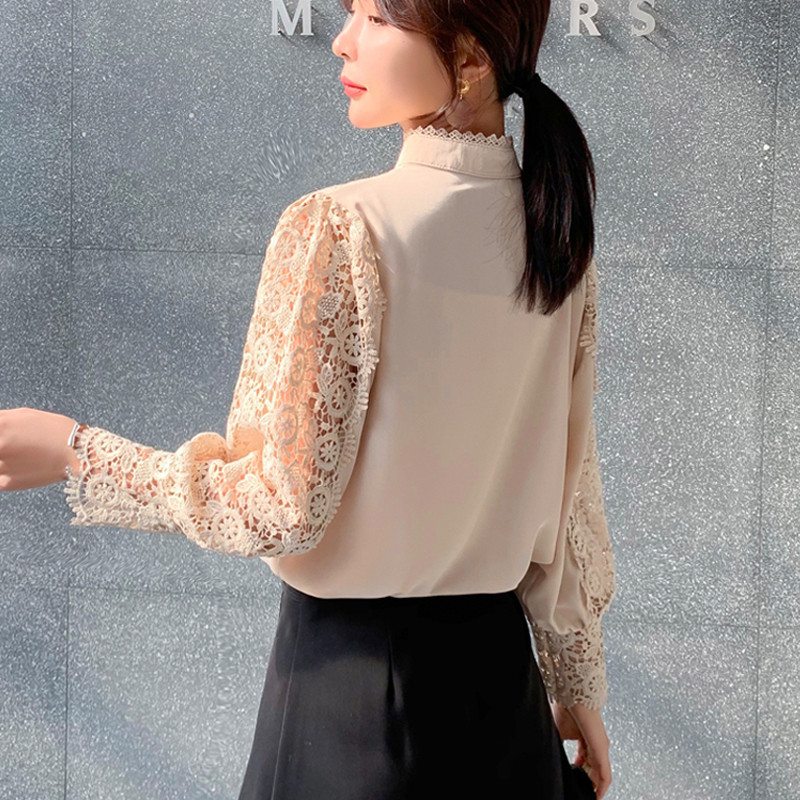 Nauji nerti tuščiaviduriai nėriniuoti marškiniai pavasario mados ilgomis rankovėmis su mygtuku viršuje stovi apykakle nėriniuota palaidinė, moteriška Blusa 13324