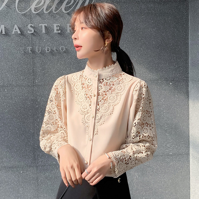 Nauji nerti tuščiaviduriai nėriniuoti marškiniai pavasario mados ilgomis rankovėmis su mygtuku viršuje stovi apykakle nėriniuota palaidinė, moteriška Blusa 13324