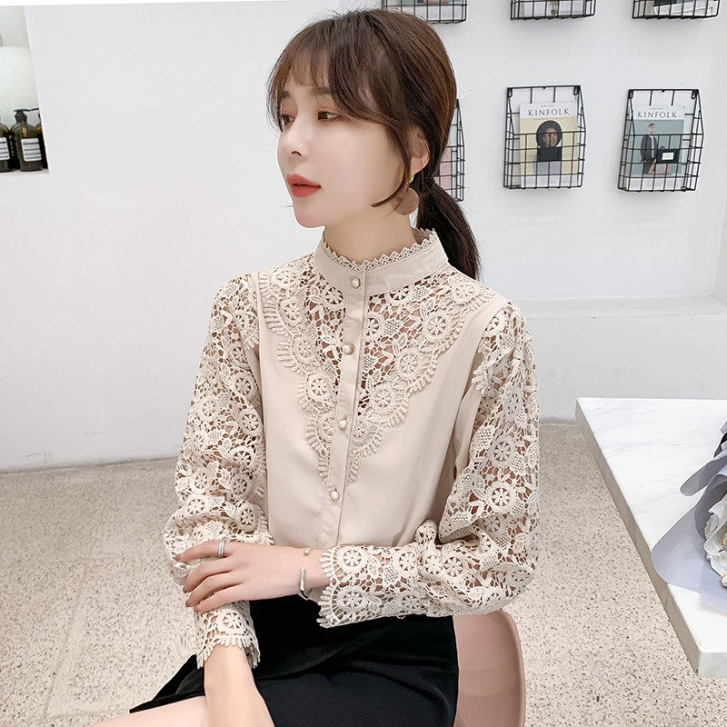 Nauji nerti tuščiaviduriai nėriniuoti marškiniai pavasario mados ilgomis rankovėmis su mygtuku viršuje stovi apykakle nėriniuota palaidinė, moteriška Blusa 13324