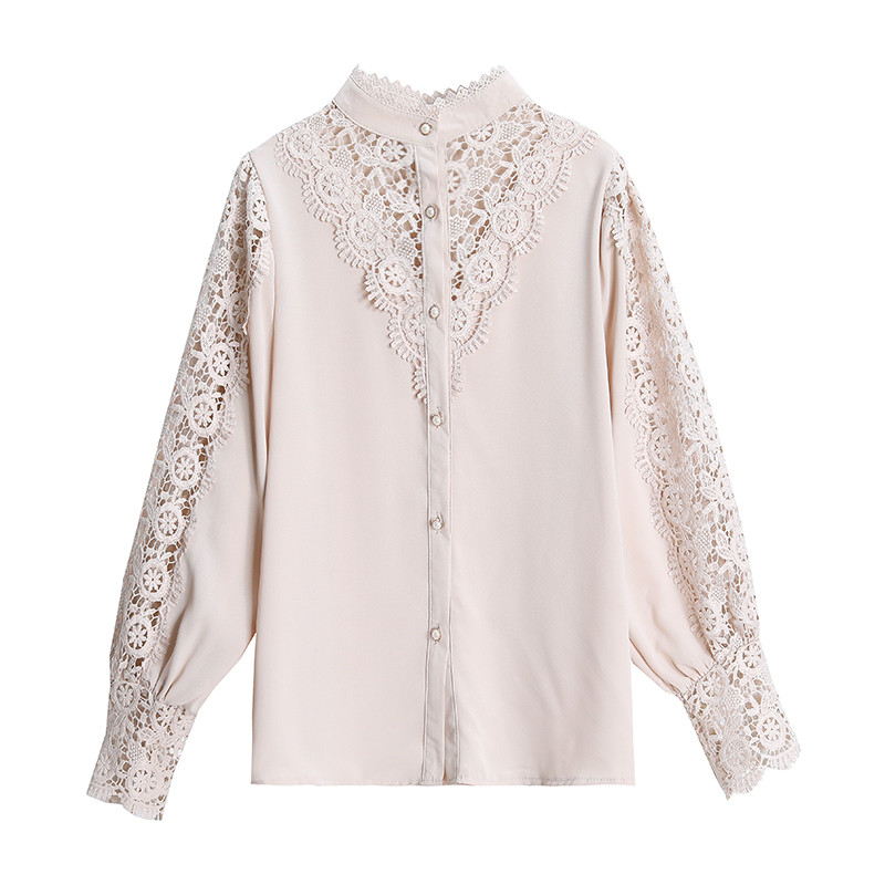 Nauji nerti tuščiaviduriai nėriniuoti marškiniai pavasario mados ilgomis rankovėmis su mygtuku viršuje stovi apykakle nėriniuota palaidinė, moteriška Blusa 13324