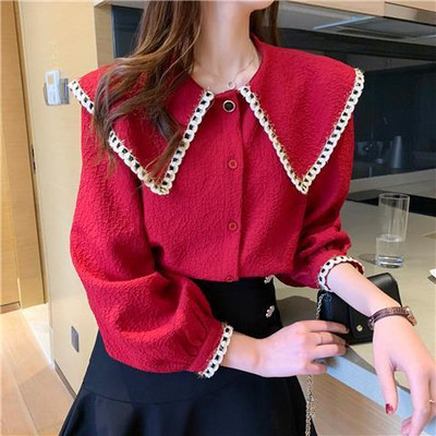 Elegantiški mados temperamento marškinėliai su viena krūtine ilgomis rankovėmis Nauji 2022 m. vasaros ruduo Peter Pan apykaklės moteriški drabužiai kardiganai