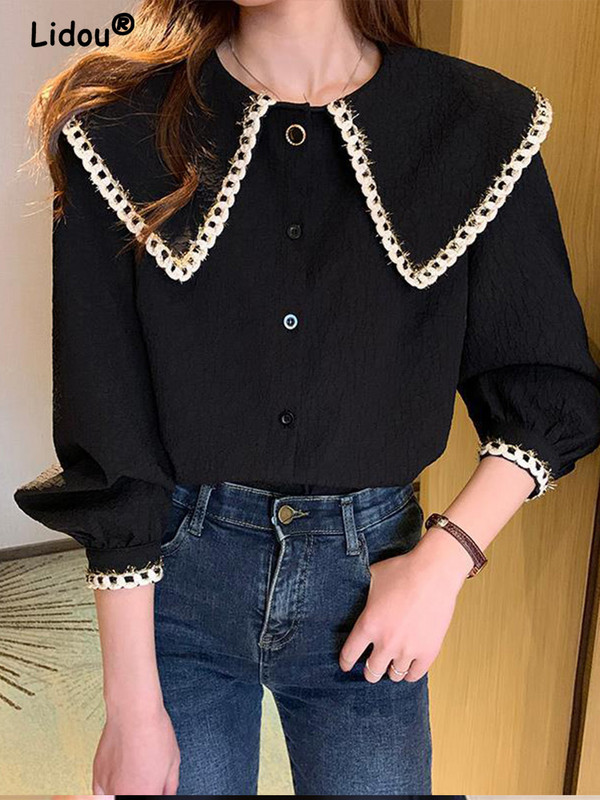 Elegantiški mados temperamento marškinėliai su viena krūtine ilgomis rankovėmis Nauji 2022 m. vasaros ruduo Peter Pan apykaklės moteriški drabužiai kardiganai