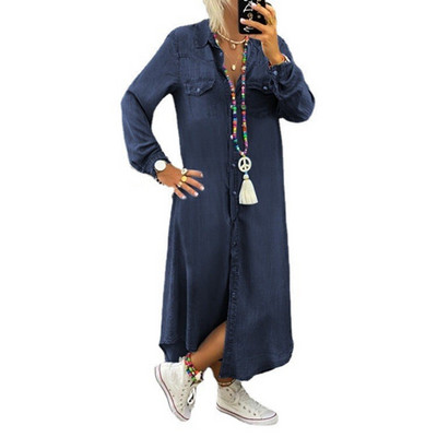 Rochie lungă de toamnă Cămașă cu mânecă lungă Rochie lungă din denim de damă Cămașă cu buton din buzunar Rochie lejeră, elegantă, S-5XL