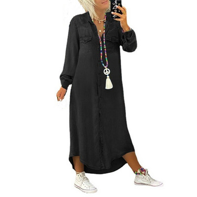 Rochie lungă de toamnă Cămașă cu mânecă lungă Rochie lungă din denim de damă Cămașă cu buton din buzunar Rochie lejeră, elegantă, S-5XL