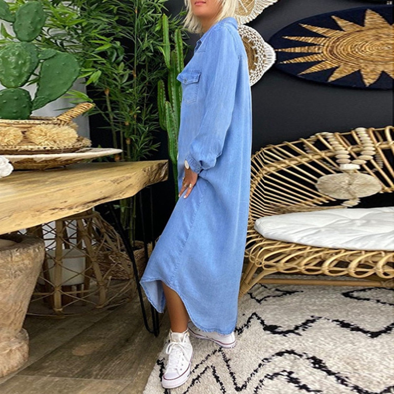 Rochie lungă de toamnă Cămașă cu mânecă lungă Rochie lungă din denim de damă Cămașă cu buton din buzunar Rochie lejeră, elegantă, S-5XL