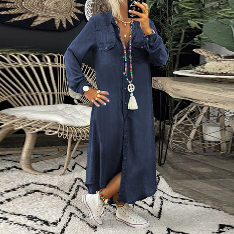 Rochie lungă de toamnă Cămașă cu mânecă lungă Rochie lungă din denim de damă Cămașă cu buton din buzunar Rochie lejeră, elegantă, S-5XL