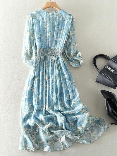 2023 rochie boemia de vară pentru femei cu mâneci lungi cu decolteu în V Rochii elegante din șifon albastru cu talie înaltă imprimeu rochii lungi de plajă