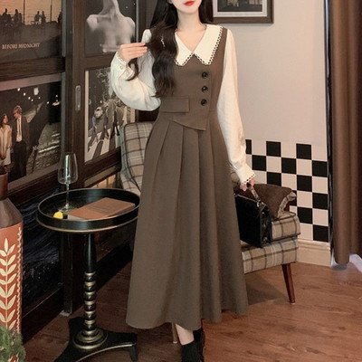 Vintage Fake Two Pieces Peter Pan Collor Preppy Style Γλυκά Φορέματα Kawaii για Γυναικεία Casual μακρυμάνικα Street A Line Midi Φόρεμα