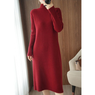 Toamna Iarna Moda Elegantă Jumătate Guler Subțire Mânecă Lungă De bază Rib Tricotat Rochie Pulover pentru Femei Casual Rochii Solide Rochii