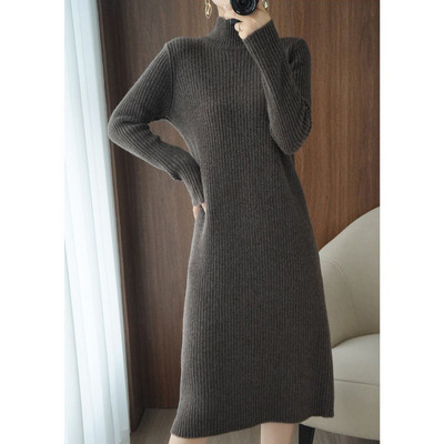 Toamna Iarna Moda Elegantă Jumătate Guler Subțire Mânecă Lungă De bază Rib Tricotat Rochie Pulover pentru Femei Casual Rochii Solide Rochii