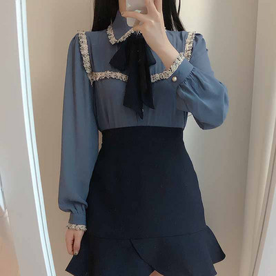 Ženske jednobojne majice s dugim puf rukavima Ženske kardigan košulje s bisernim gumbima Slatke bluze s leptir mašnom s resicama i kićankama 11608