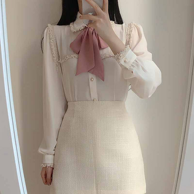 Ženske jednobojne majice s dugim puf rukavima Ženske kardigan košulje s bisernim gumbima Slatke bluze s leptir mašnom s resicama i kićankama 11608