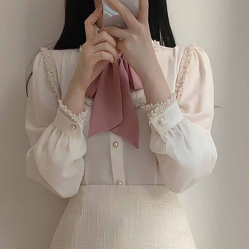 Ženske jednobojne majice s dugim puf rukavima Ženske kardigan košulje s bisernim gumbima Slatke bluze s leptir mašnom s resicama i kićankama 11608