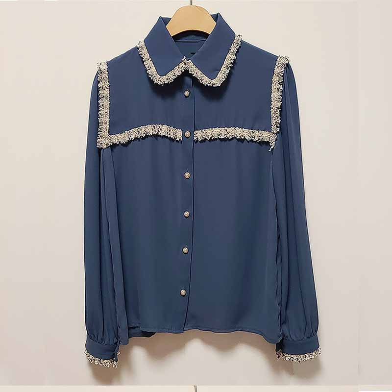 Ženske jednobojne majice s dugim puf rukavima Ženske kardigan košulje s bisernim gumbima Slatke bluze s leptir mašnom s resicama i kićankama 11608