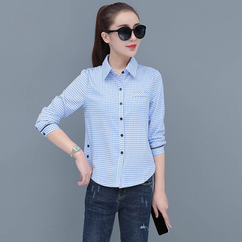 Moteriški marškiniai ilgomis rankovėmis Visiškai tinkantys laisvalaikio languoti palaidinės su apykakle Blusa Feminina Mano naujiena