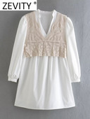 Zevity Moda femei cu decolteu în V dantelă croșetat mozaic alb mini rochie femei șic cu mânecă lungă cu dantelă în sus, rochii DS1905