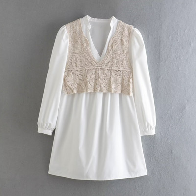 Zevity Moda femei cu decolteu în V dantelă croșetat mozaic alb mini rochie femei șic cu mânecă lungă cu dantelă în sus, rochii DS1905