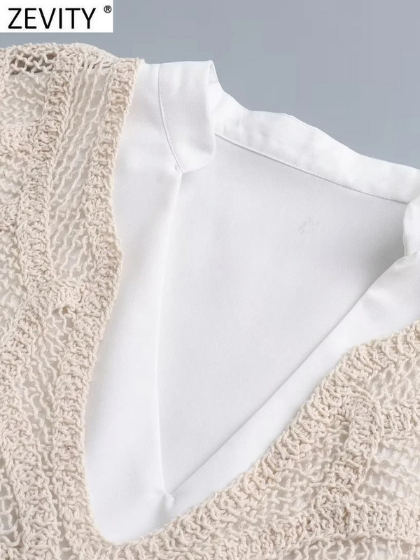 Zevity Moda femei cu decolteu în V dantelă croșetat mozaic alb mini rochie femei șic cu mânecă lungă cu dantelă în sus, rochii DS1905