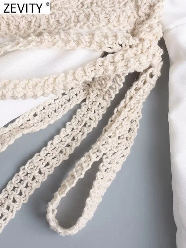 Zevity Moda femei cu decolteu în V dantelă croșetat mozaic alb mini rochie femei șic cu mânecă lungă cu dantelă în sus, rochii DS1905