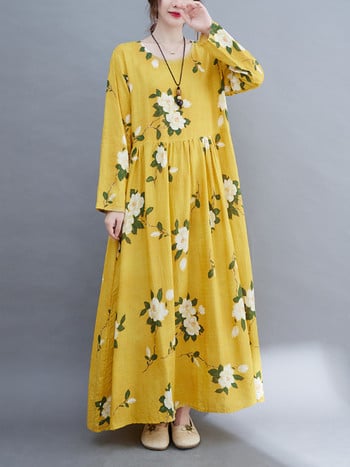 Μακρυμάνικο O-Neck Floral Vintage Ανοιξιάτικα Μπλε Φορέματα για Γυναικεία 2023 Casual Loose Κομψό Γυναικείο Γυναικείο Φόρεμα Γραφείου