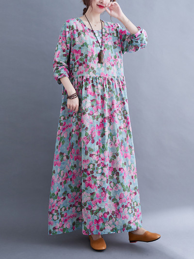 Rochii cu mâneci lungi cu decolteu în formă de O, florale, de primăvară, toamnă, albastre, pentru femei, 2023, lejer, lejer, elegant, rochie de damă de birou.