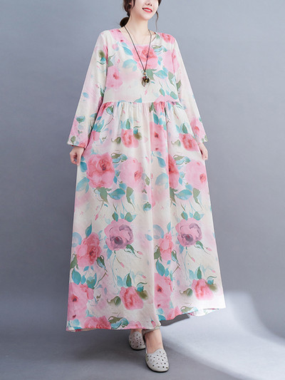 Rochii cu mâneci lungi cu decolteu în formă de O, florale, de primăvară, toamnă, albastre, pentru femei, 2023, lejer, lejer, elegant, rochie de damă de birou.