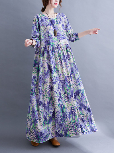 Rochii cu mâneci lungi cu decolteu în formă de O, florale, de primăvară, toamnă, albastre, pentru femei, 2023, lejer, lejer, elegant, rochie de damă de birou.