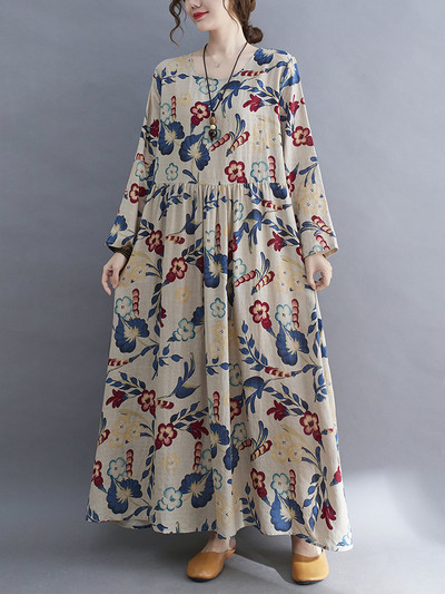 Rochii cu mâneci lungi cu decolteu în formă de O, florale, de primăvară, toamnă, albastre, pentru femei, 2023, lejer, lejer, elegant, rochie de damă de birou.