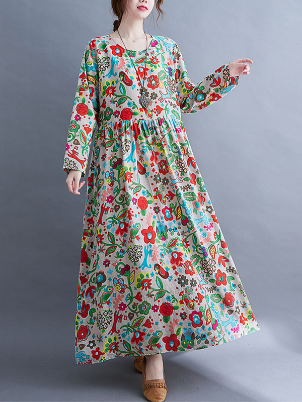 Rochii cu mâneci lungi cu decolteu în formă de O, florale, de primăvară, toamnă, albastre, pentru femei, 2023, lejer, lejer, elegant, rochie de damă de birou.