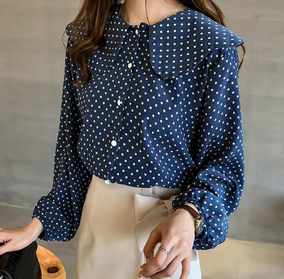 Νέο γυναικείο πουκάμισο Γυναικεία ρούχα για κορίτσι με γλυκιά ιδιοσυγκρασία Peter Pan γιακά σιφόν κυματιστό τοπ Γυναικεία μακρυμάνικη μπλούζα H9127