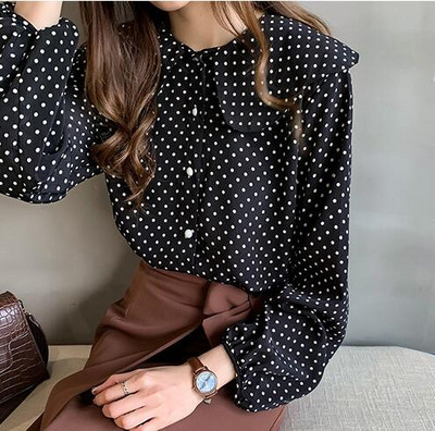 Νέο γυναικείο πουκάμισο Γυναικεία ρούχα για κορίτσι με γλυκιά ιδιοσυγκρασία Peter Pan γιακά σιφόν κυματιστό τοπ Γυναικεία μακρυμάνικη μπλούζα H9127