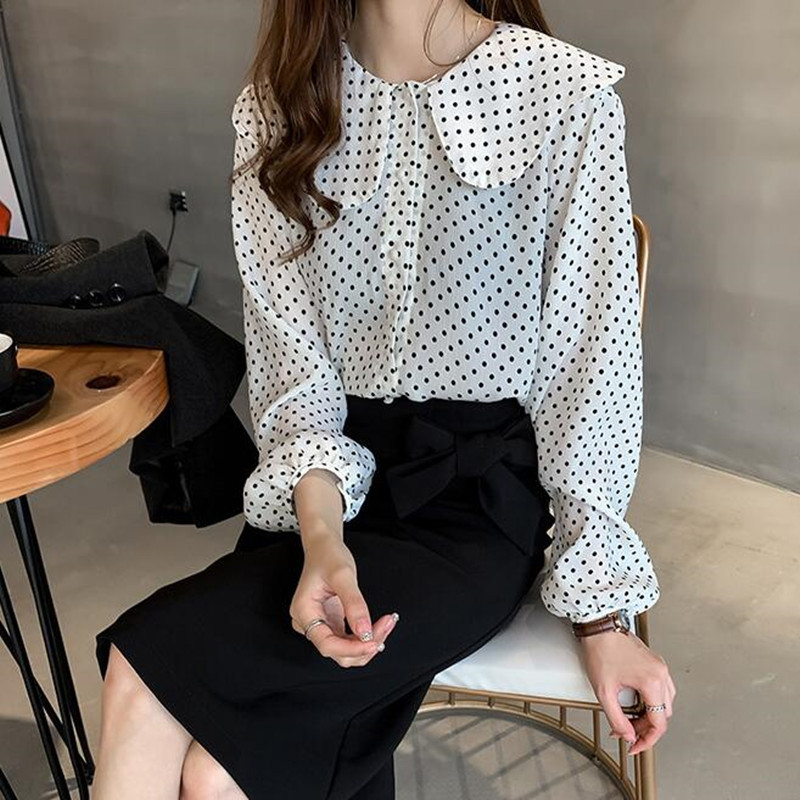 Νέο γυναικείο πουκάμισο Γυναικεία ρούχα για κορίτσι με γλυκιά ιδιοσυγκρασία Peter Pan γιακά σιφόν κυματιστό τοπ Γυναικεία μακρυμάνικη μπλούζα H9127