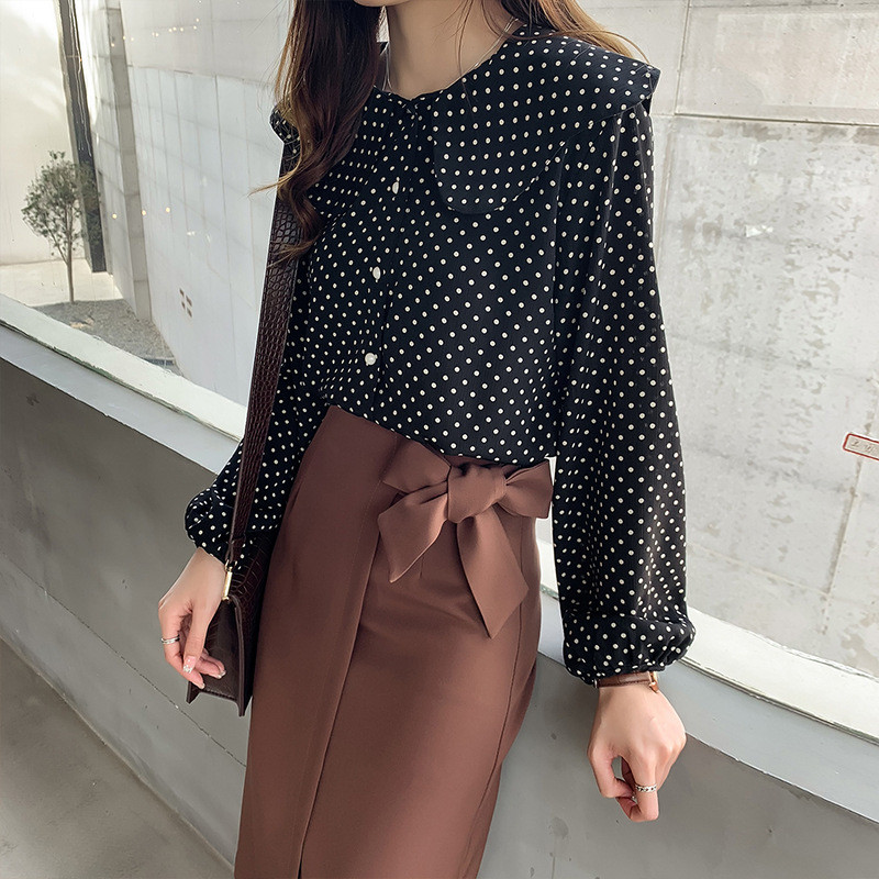 Νέο γυναικείο πουκάμισο Γυναικεία ρούχα για κορίτσι με γλυκιά ιδιοσυγκρασία Peter Pan γιακά σιφόν κυματιστό τοπ Γυναικεία μακρυμάνικη μπλούζα H9127