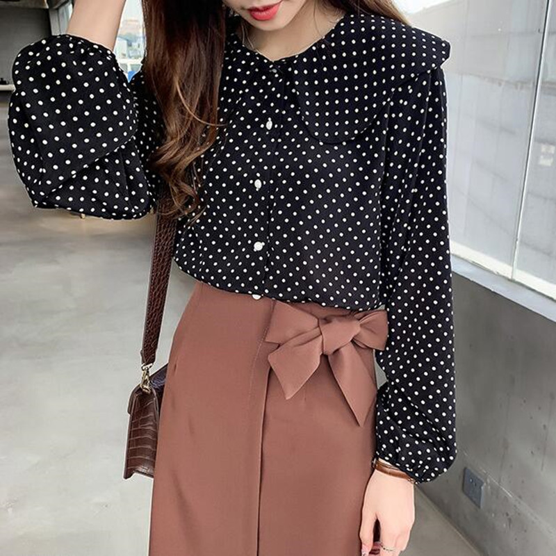 Νέο γυναικείο πουκάμισο Γυναικεία ρούχα για κορίτσι με γλυκιά ιδιοσυγκρασία Peter Pan γιακά σιφόν κυματιστό τοπ Γυναικεία μακρυμάνικη μπλούζα H9127