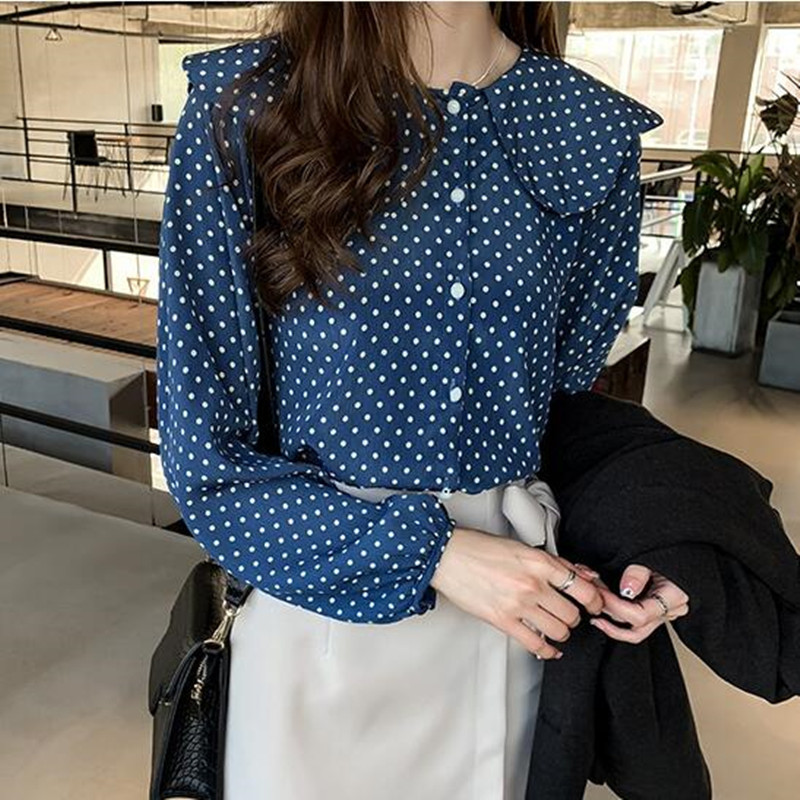 Νέο γυναικείο πουκάμισο Γυναικεία ρούχα για κορίτσι με γλυκιά ιδιοσυγκρασία Peter Pan γιακά σιφόν κυματιστό τοπ Γυναικεία μακρυμάνικη μπλούζα H9127