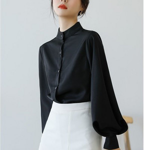 Modna bluza s lanternastim rukavima Ženske proljetne jednoredne košulje sa samostojećim ovratnikom Uredska radna košulja Jednobojna vintage majica