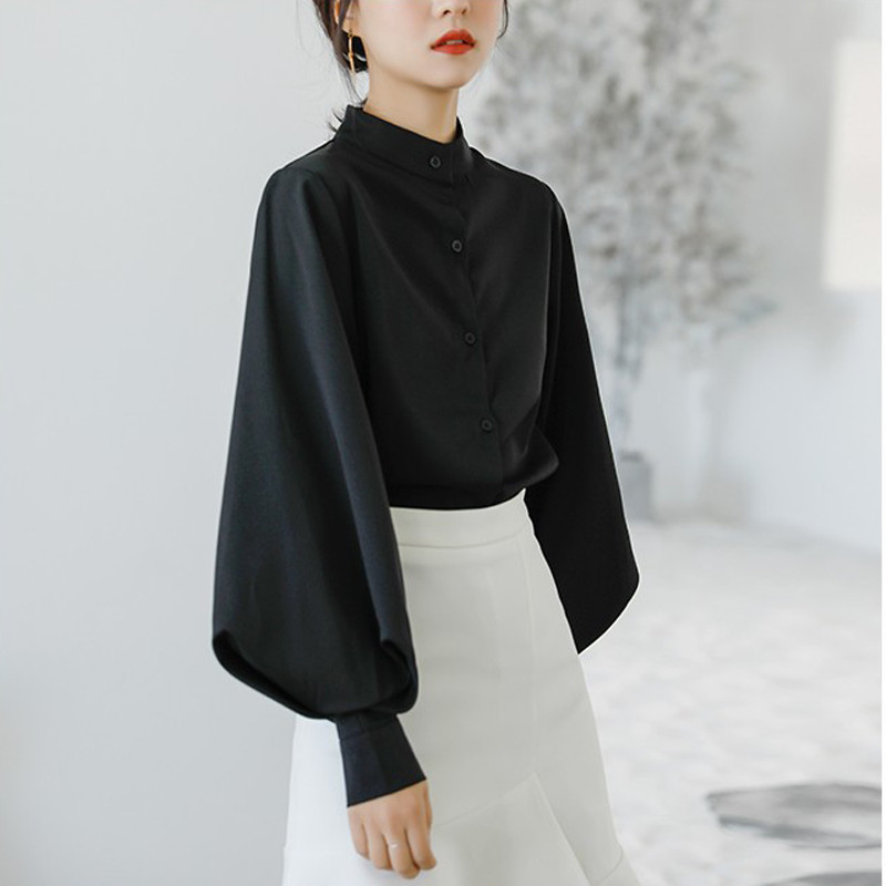 Modna bluza s lanternastim rukavima Ženske proljetne jednoredne košulje sa samostojećim ovratnikom Uredska radna košulja Jednobojna vintage majica