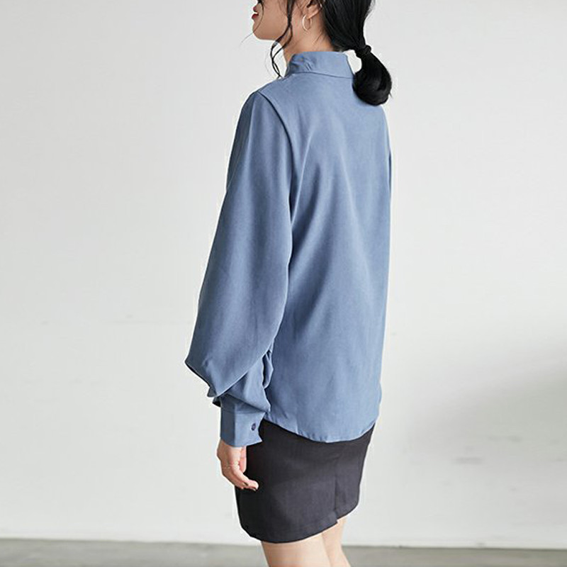 Modna bluza s lanternastim rukavima Ženske proljetne jednoredne košulje sa samostojećim ovratnikom Uredska radna košulja Jednobojna vintage majica