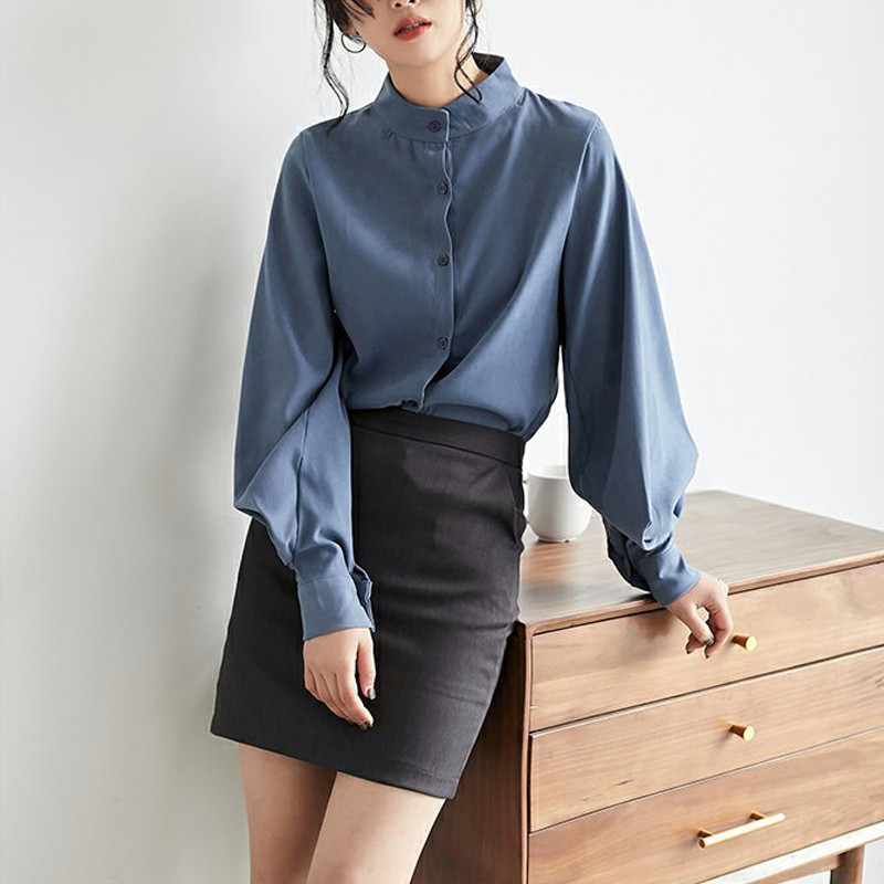 Modna bluza s lanternastim rukavima Ženske proljetne jednoredne košulje sa samostojećim ovratnikom Uredska radna košulja Jednobojna vintage majica