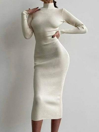 Rochie albă tricotată pentru femei, la modă elegantă, cu gât rochie, rochii midi, modele, pentru femei, toamnă, iarnă, cu mânecă lungă, rochie subțire de streetwear