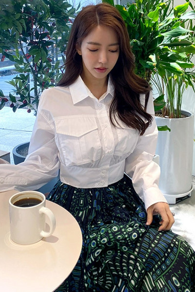 Pavasario rudens balta palaidinė Korėjietiška palaidinė Moteriški marškiniai ilgomis rankovėmis Moteriški drabužiai aukštu juosmeniu Blusas Femme TA960