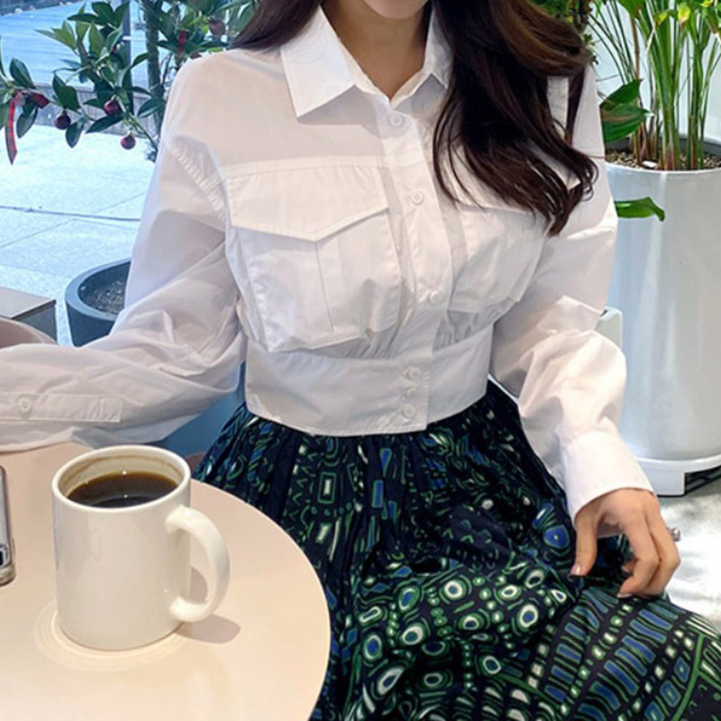 Pavasario rudens balta palaidinė Korėjietiška palaidinė Moteriški marškiniai ilgomis rankovėmis Moteriški drabužiai aukštu juosmeniu Blusas Femme TA960