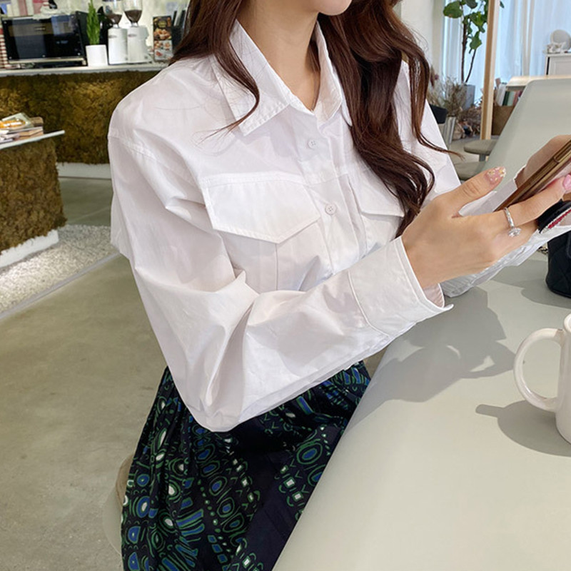 Pavasario rudens balta palaidinė Korėjietiška palaidinė Moteriški marškiniai ilgomis rankovėmis Moteriški drabužiai aukštu juosmeniu Blusas Femme TA960