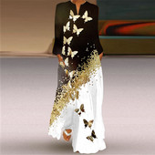 Vintage γυναικείο μακρύ φόρεμα μόδας 2023 Κομψό γυναικείο τύπωμα πεταλούδας V-λαιμόκοψη Μακρυμάνικο τσέπη Φαρδιά casual φορέματα S-5XL